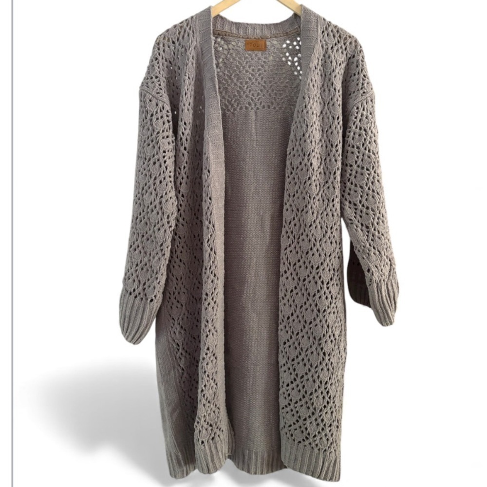 POL Taupe Gray Crochet Chenille Long Open Cardigan/Duster NWOT